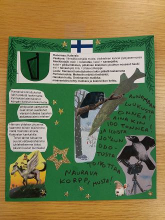 Vihreällä pohjalla runokatkelmia ja koristeellisia tarroja.