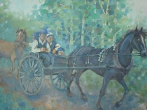 En målning där två personer rider i hästvagnar.