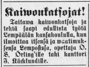 Sanomalehti-ilmoitus Aamulehdessä kaivonkatsomisesta ja tekemisestä.