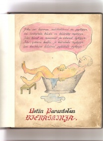 Piirroskuva miehestä kylpemässä, jonka yläpuolella puhekuplassa kylpyaiheinen runo.