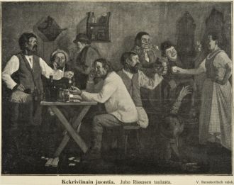 Mustavalkoinen piirroskuva juhlakansasta.