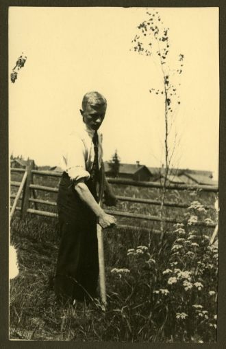 Vanha valokuva miehestä niittämästä heinää viikatteella.