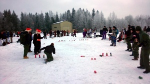 Playing skittles in the winter.