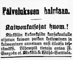 Sanomalehti-ilmoitus Hämeen Sanomissa kaivonkatsomisesta ja tekemisestä.