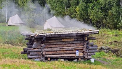 Low sauna building made from logs.