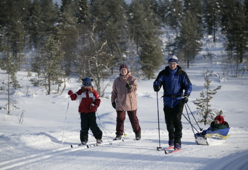 Iloinen perhe hiihtämässä. Isä vetää hiihtäessä pientä lasta pulkassa.