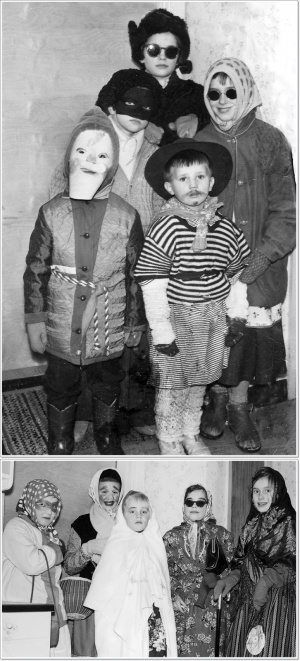 Kaksi mustavalkokuvaa lapsista pukeutuneina nuuttipukeiksi.